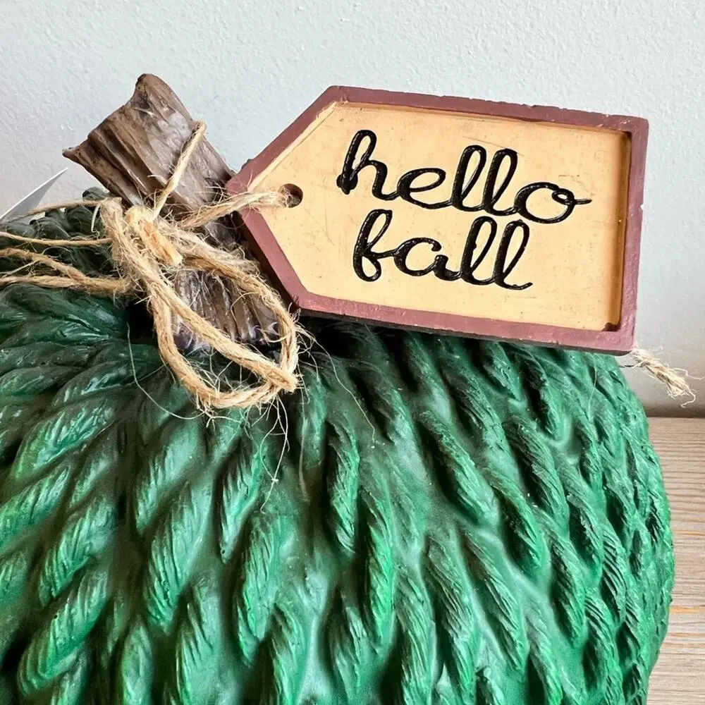 Gorgeous Emerald Green Textured Pumpkin With Hello Fall Tag - NWT